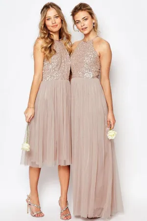 Gorgeous Sequins Top Halter Romantic A Line Short Long Bridesmaid Dresses PFB0011