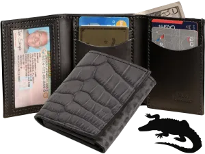 Gray Alligator Luxury Designer Exotic Trifold Wallet With ID Window