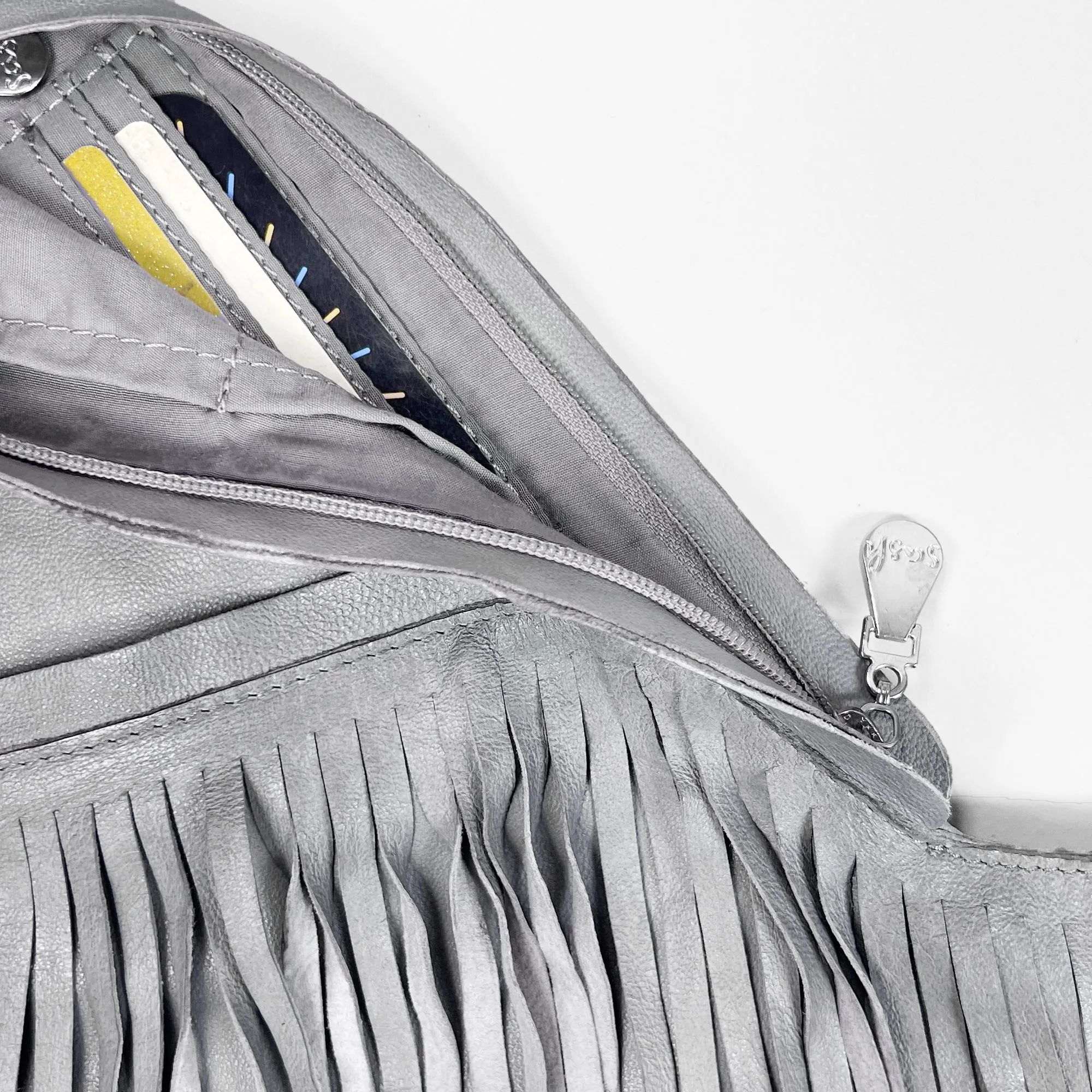 Gray Fringe Leather Sash Bag