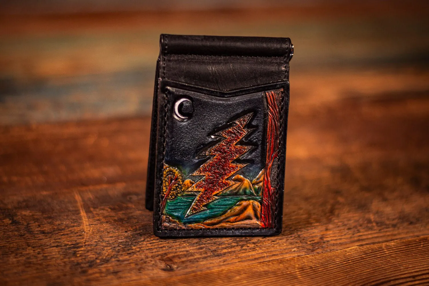 Handcrafted Leather Money Clip Wallet - Deadhead Lightning Bolt with Moonlit Lake and Mountain Scene - Minimalist Wallet with Card Slots