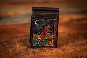 Handcrafted Leather Money Clip Wallet - Deadhead Lightning Bolt with Moonlit Lake and Mountain Scene - Minimalist Wallet with Card Slots