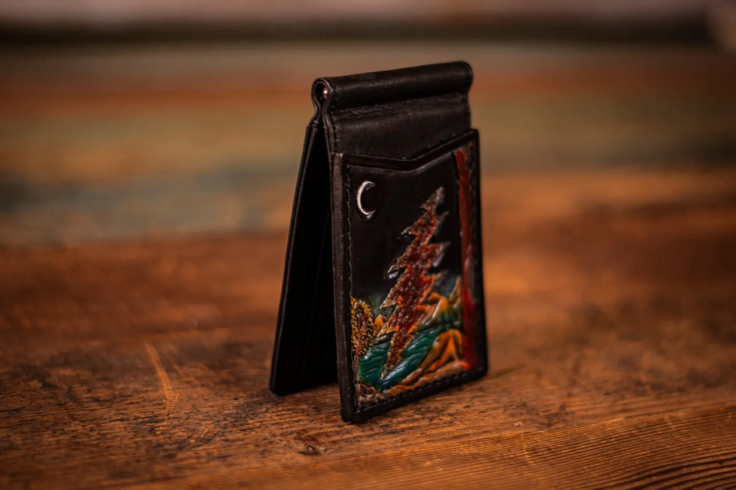 Handcrafted Leather Money Clip Wallet - Deadhead Lightning Bolt with Moonlit Lake and Mountain Scene - Minimalist Wallet with Card Slots