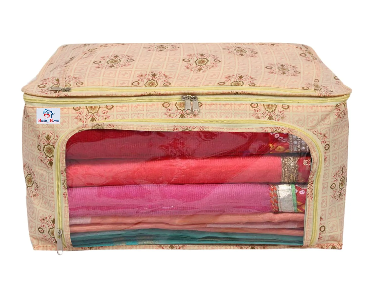 Heart Home Floral Print Non-Woven Saree cover With Large Pocket For Saree, Lehenga, Suit & Transparent Window (Pink) 54HH4164.