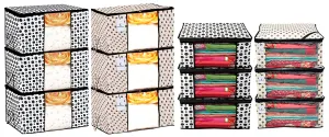 Heart Home Polka Dot Design 6 Piece Non Woven Saree Cover and 6 Pieces Underbed Storage Bag, Storage Organiser, Blanket Cover, Cream & White - CTHH24310