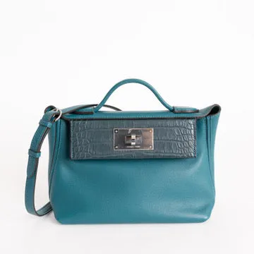 Hermes 24/24 Mini Vert Bosphore Evercolor with Crocodile Touch