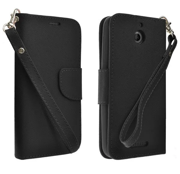 HTC Desire 510 Case, Wrist Strap Flip Folio [Kickstand Feature] Pu Leather Wallet Case with ID & Credit Card Slots - Black