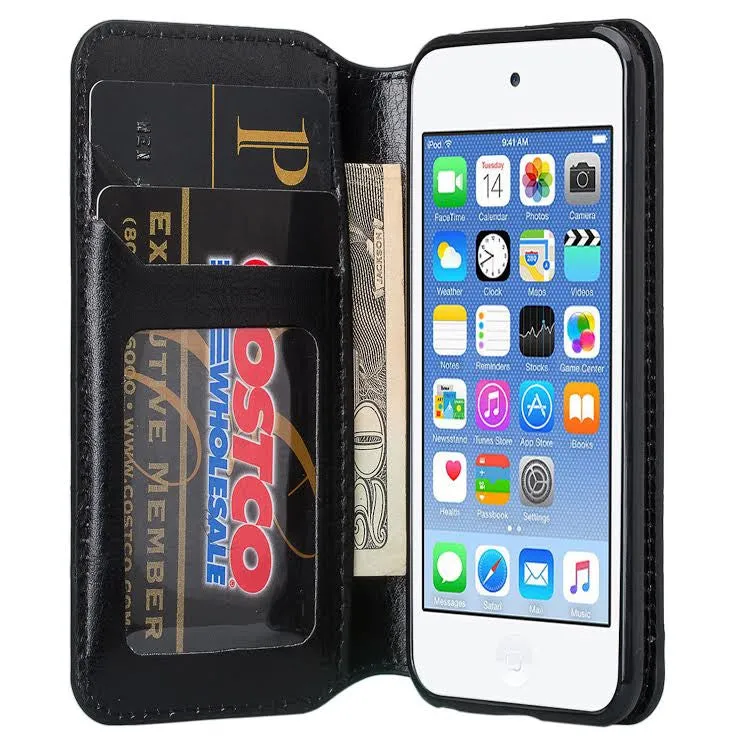 iPod Touch 5 / Ipod Touch 6 Wallet Case, Slim Flip Folio [Kickstand] Pu Leather Wallet Case with ID & Credit Card Slots - Black