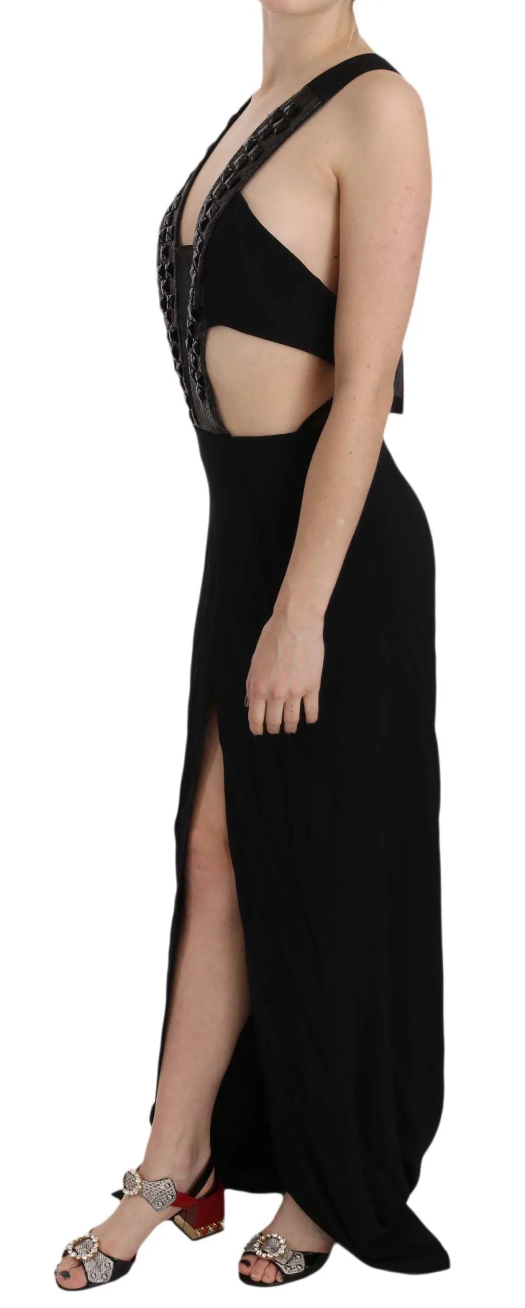 John Richmond Black Crystal Leather Gown Flare Dress