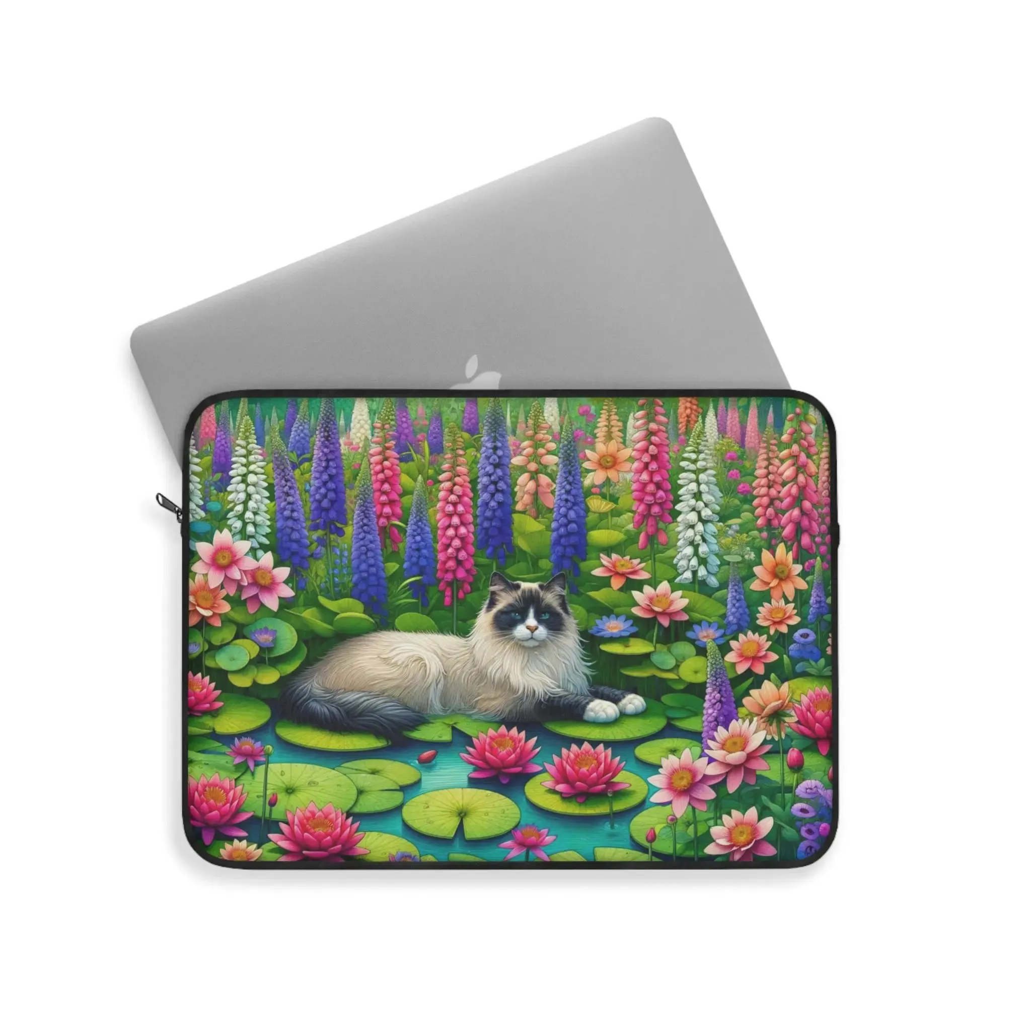 July Birth Flower - Water Lily and Larkspur - Cat Lover - Laptop Sleeve