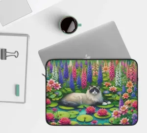 July Birth Flower - Water Lily and Larkspur - Cat Lover - Laptop Sleeve