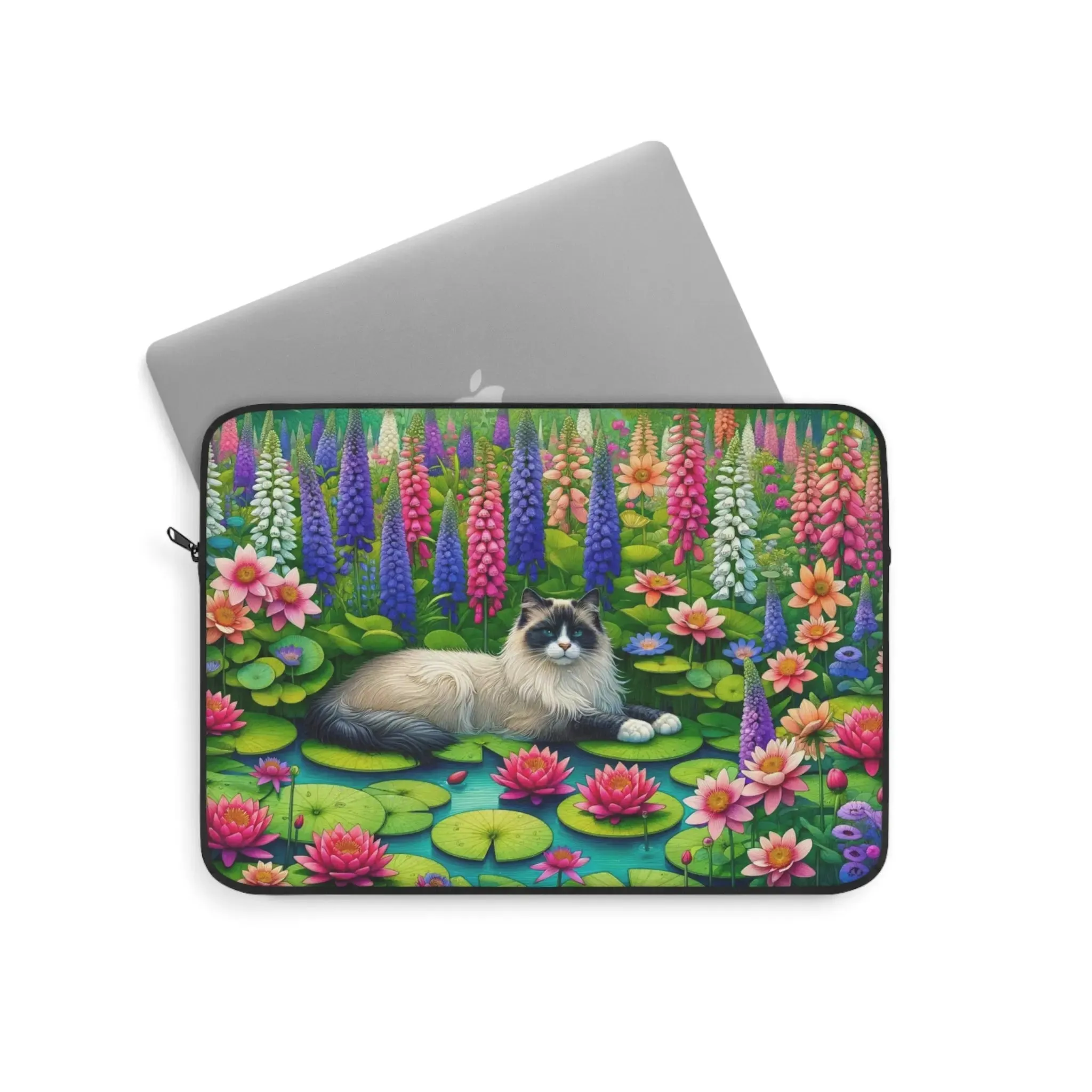 July Birth Flower - Water Lily and Larkspur - Cat Lover - Laptop Sleeve