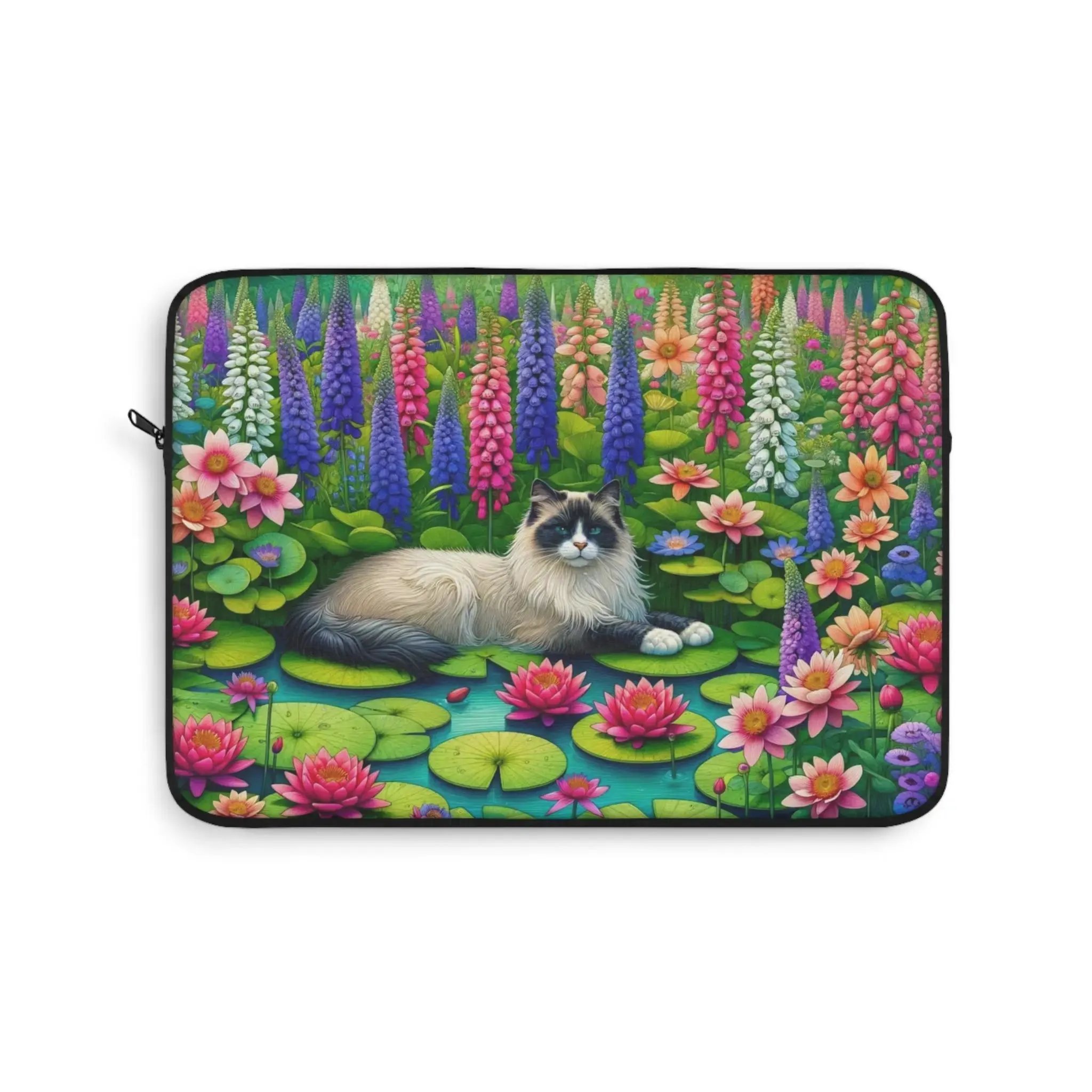 July Birth Flower - Water Lily and Larkspur - Cat Lover - Laptop Sleeve