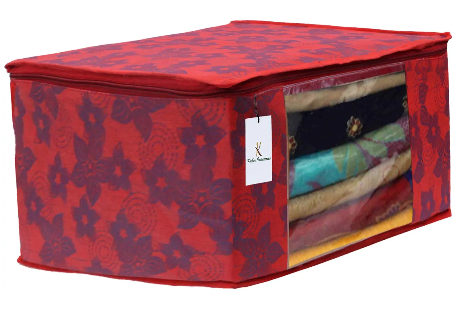 Kuber Industries Metalic Printed 4 Piece Non Woven Saree Cover and 4 Pieces Underbed Storage Bag, Storage Organiser, Blanket Cover, Golden Brown & Red -CTKTC42427