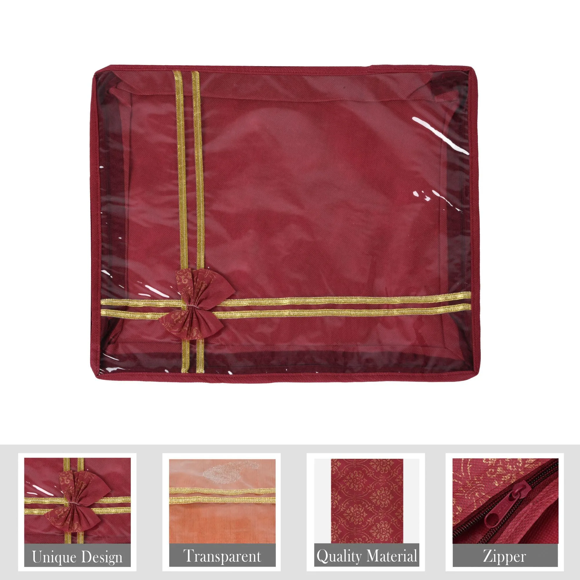 Kuber Industries Saree Storage Bag | Clothes Storage Bag | Wardrobe Storage Bag | Cloth Storage Organizer | Top Visible Window Saree Bag | Bow Golden Printed | 3 Inch | Pack of 3 | Maroon