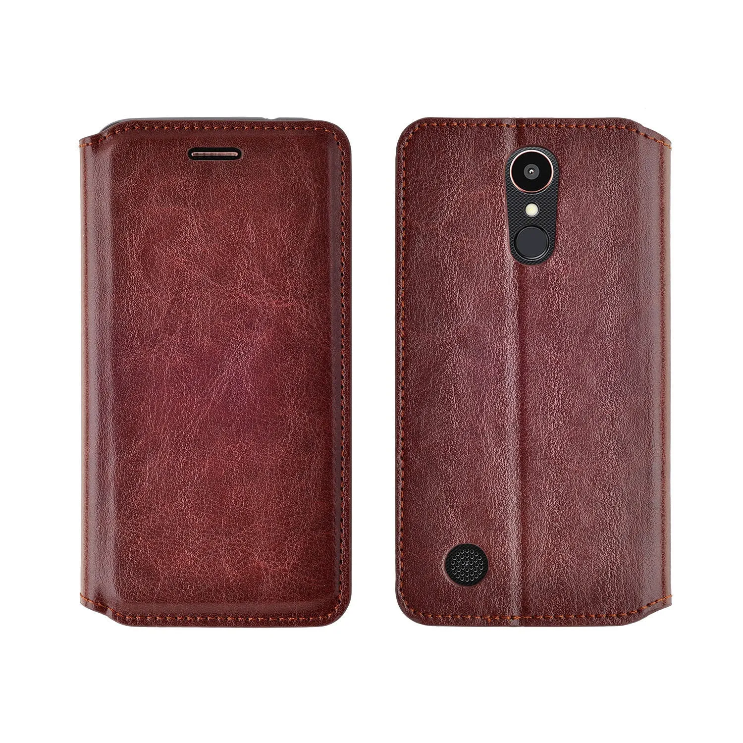 LG K10 (2018) Case, K30, Premier Pro, K10 Plus, Phoenix Plus, K10α, X4 Plus, X410, MS245, Slim Magnetic Flip Kickstand Leather Wallet Cover - Brown