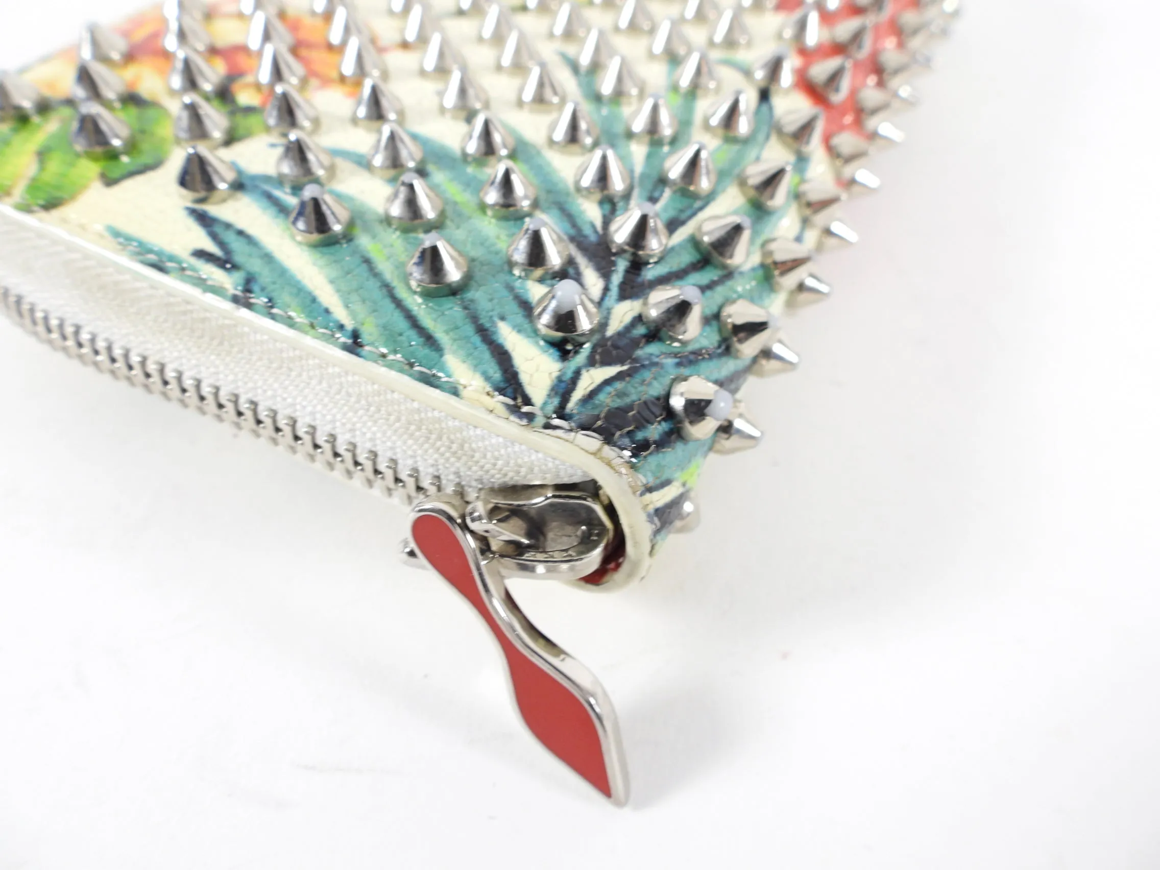 Louboutin Ivory and Green Floral Stud Zippy Wallet