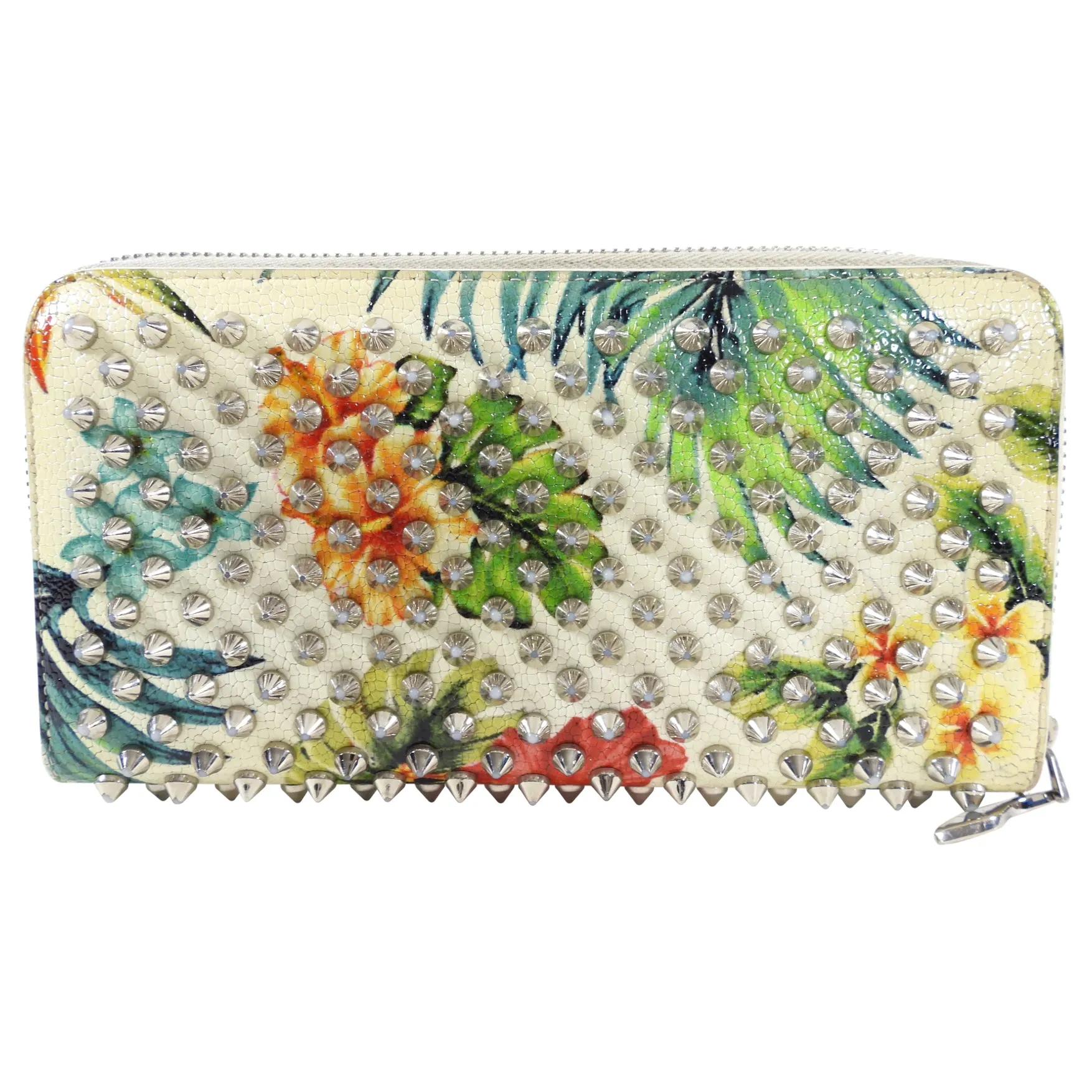 Louboutin Ivory and Green Floral Stud Zippy Wallet