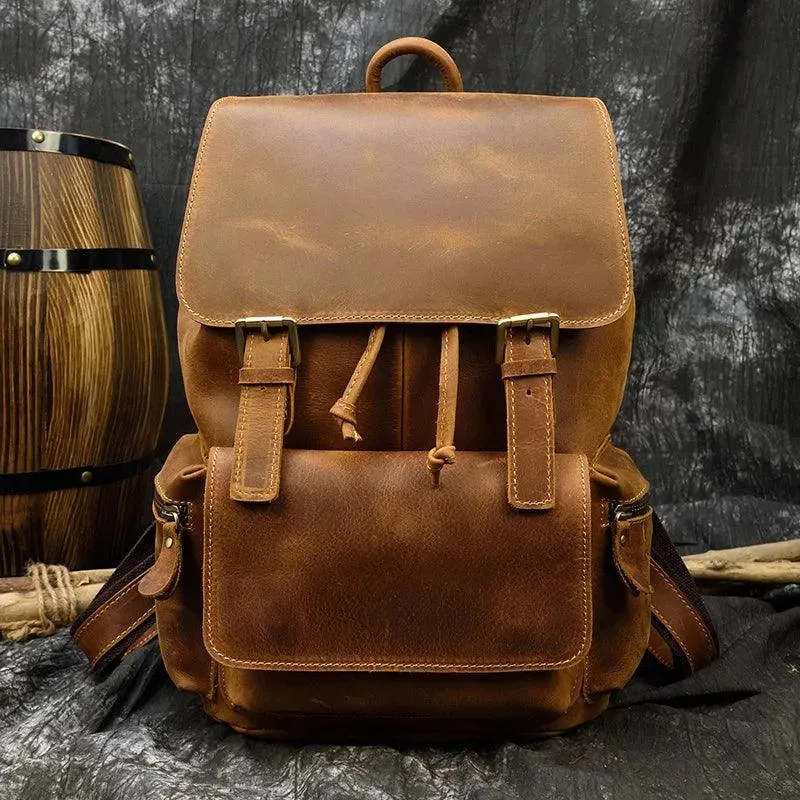 Luufan Vintage Crazy Horse Leather Mens Backpack Thick Genuine Leather Women Rucksack Big Capacity Travel Bag School Backpack