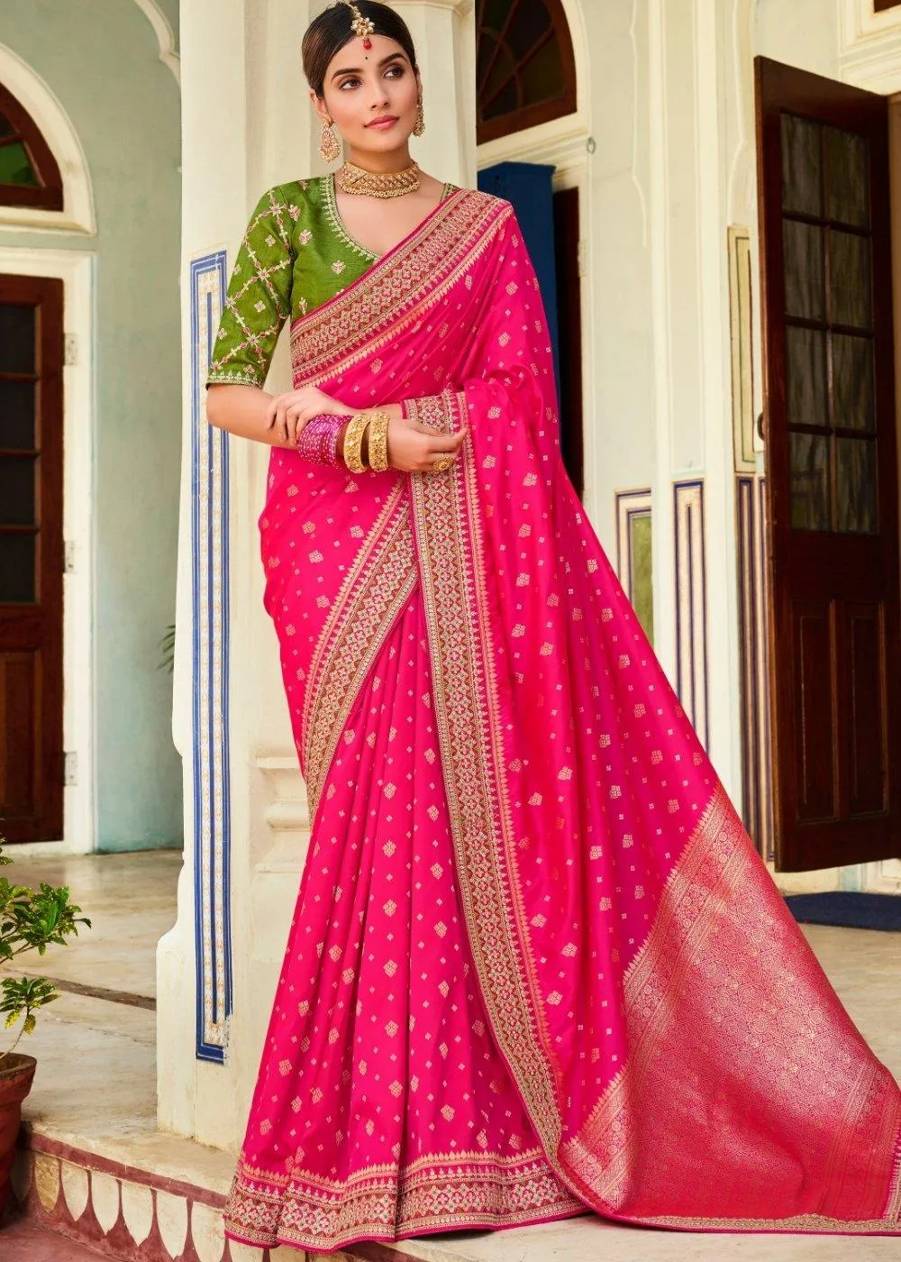 Magenta Pink Woven Banarasi Silk Saree with Embroidered Blouse | Stitched Blouse