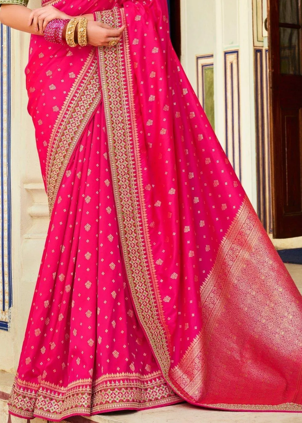 Magenta Pink Woven Banarasi Silk Saree with Embroidered Blouse | Stitched Blouse