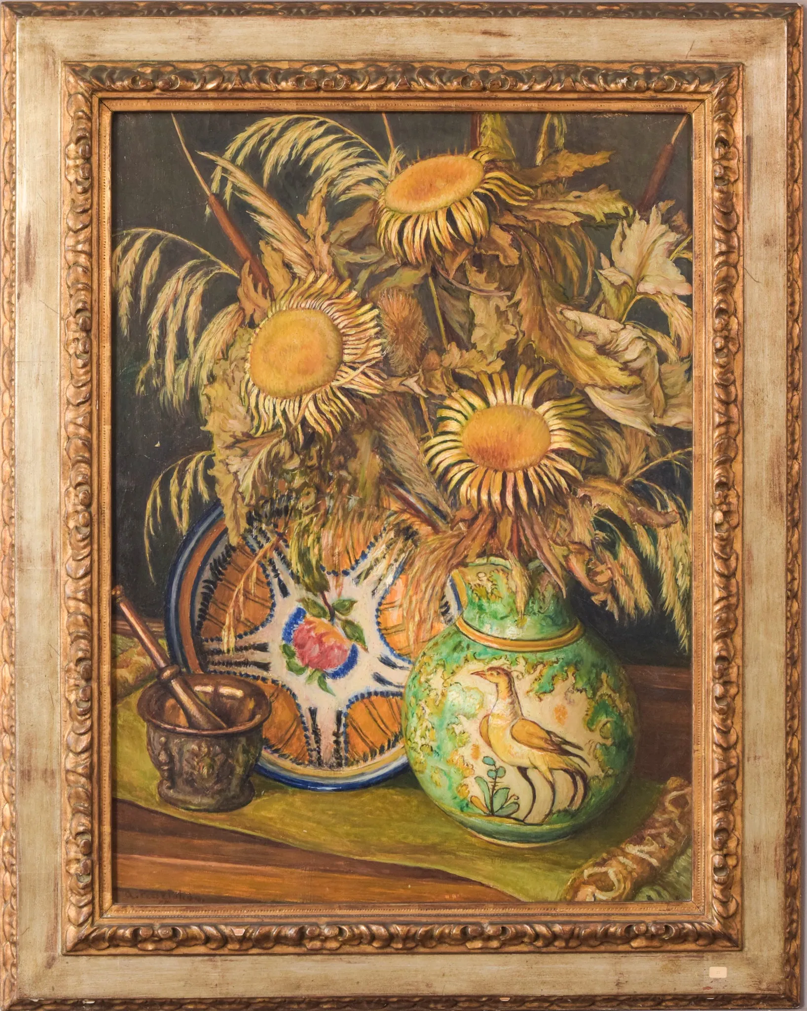 Magnificent Still Life - Sunflowers and Majolica Jug