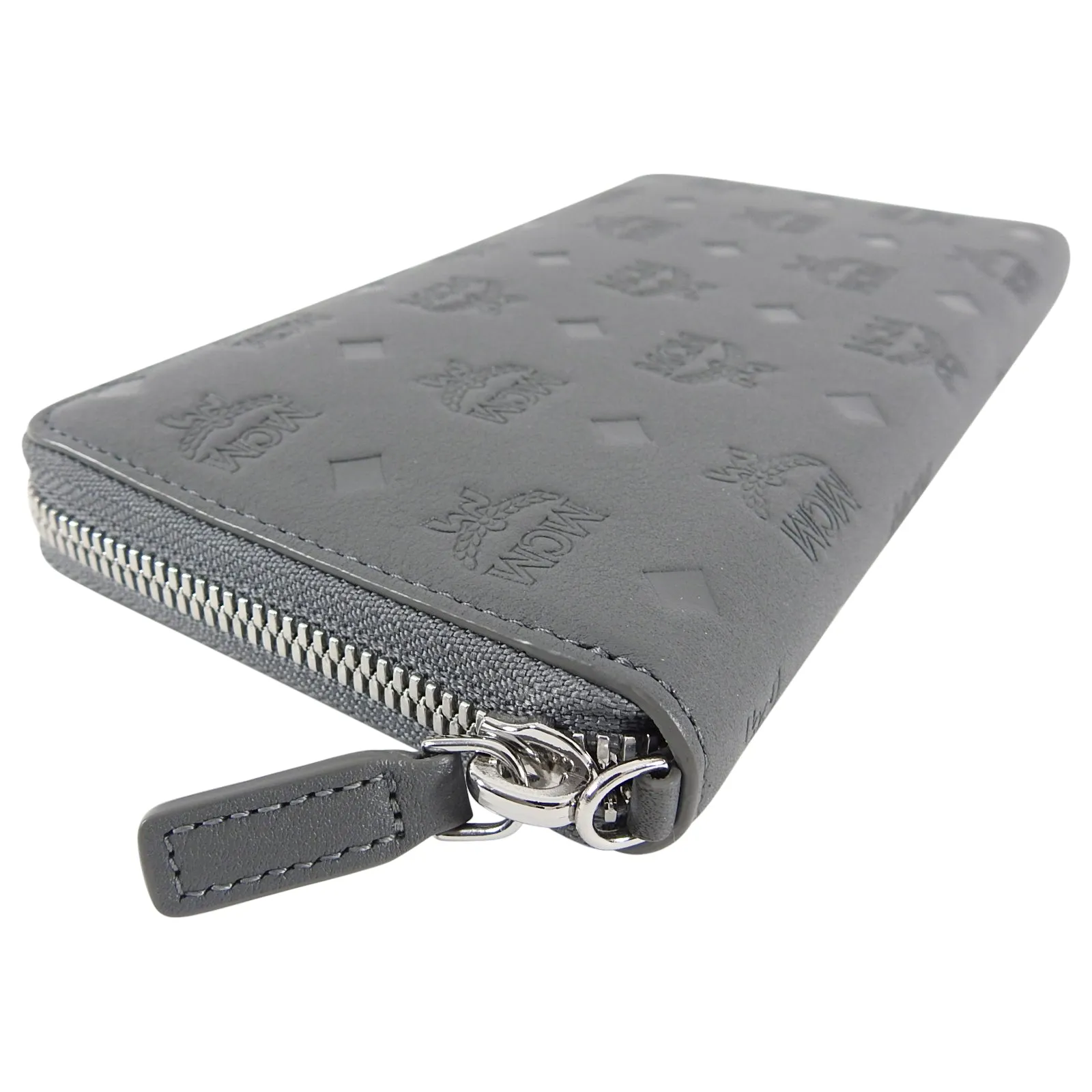 MCM Grey Leather Monogram Logo Embossed Continental Wallet