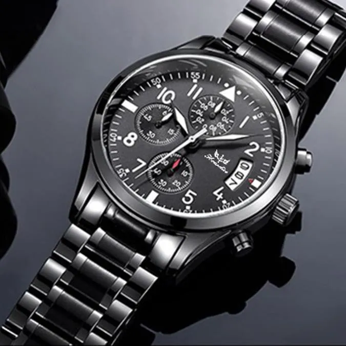 Mens Luxury Professional Watch with Black Steel Band