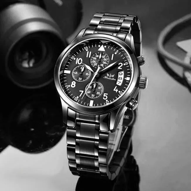 Mens Luxury Professional Watch with Black Steel Band