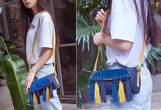 Mini Ladies Blue Faux Leather Fringe Crossbody Bag Barrel Purse Crossbody Boho Bag