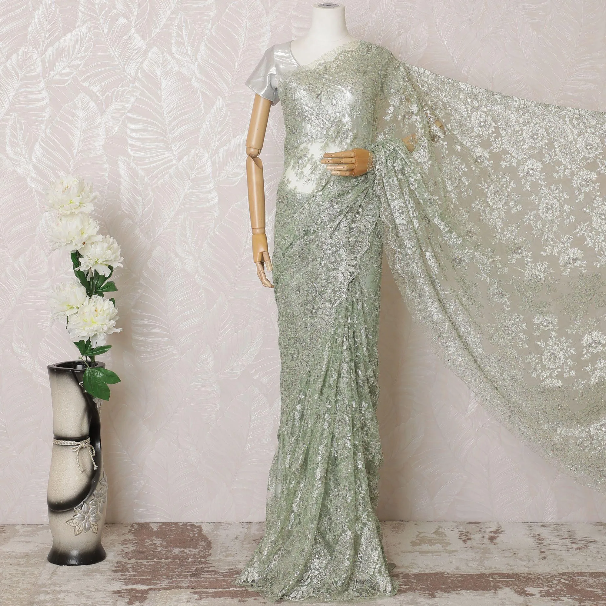 Mint green, multicolor Premium pure French metallic chantilly lace saree having stone work in paisley design-D16102