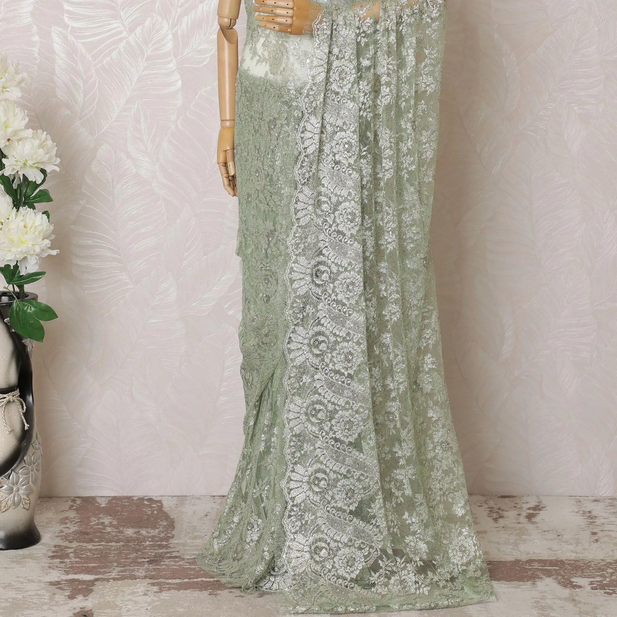 Mint green, multicolor Premium pure French metallic chantilly lace saree having stone work in paisley design-D16102