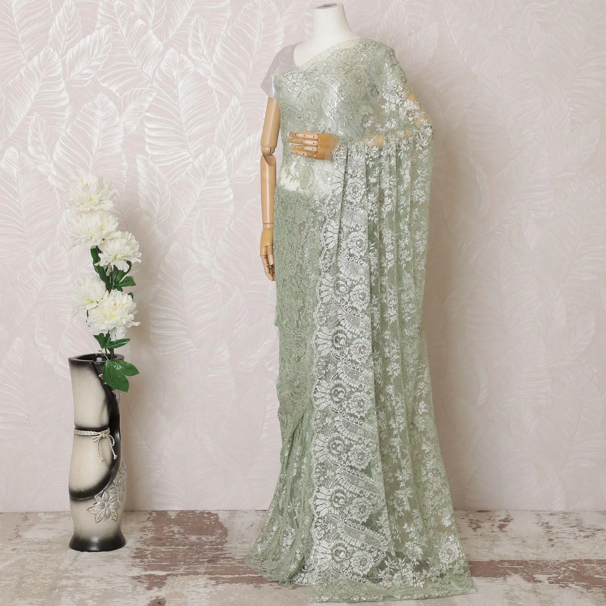 Mint green, multicolor Premium pure French metallic chantilly lace saree having stone work in paisley design-D16102