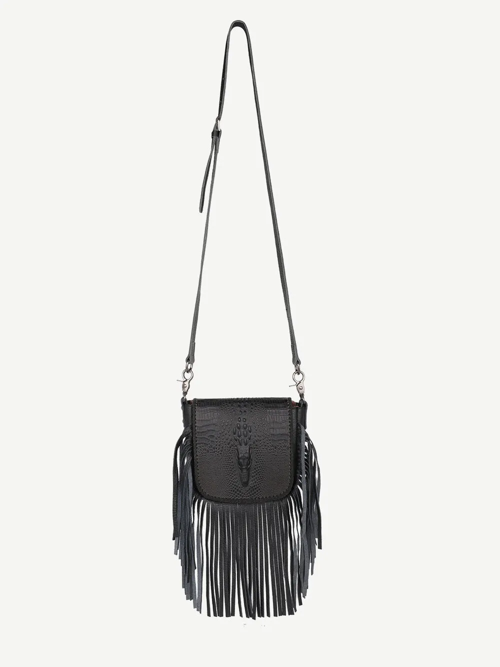 Montana West Genuine Leather Embossed Fringe Crossbody