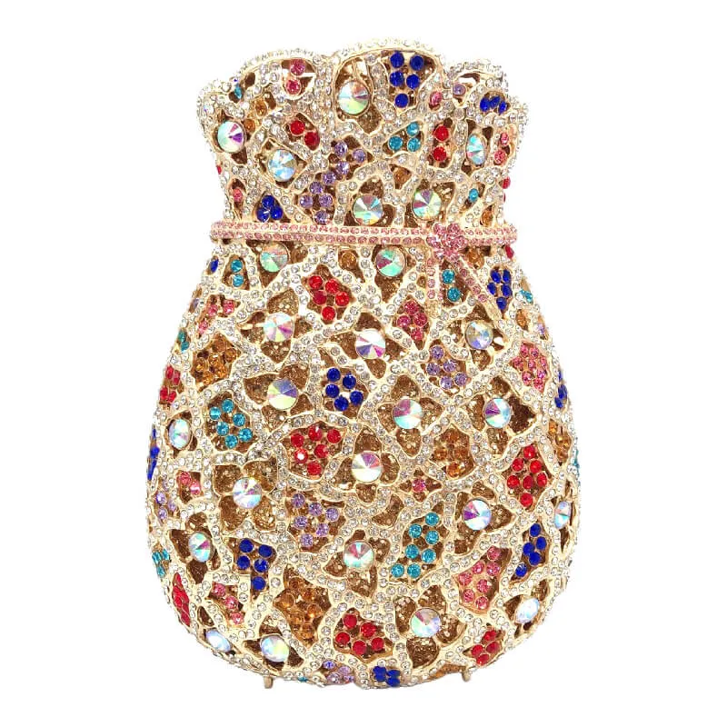 Multicolor Bundle Mouth Shape Purse Diamond Studded Clutch