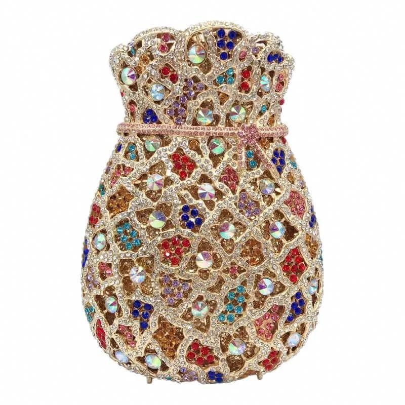 Multicolor Bundle Mouth Shape Purse Diamond Studded Clutch