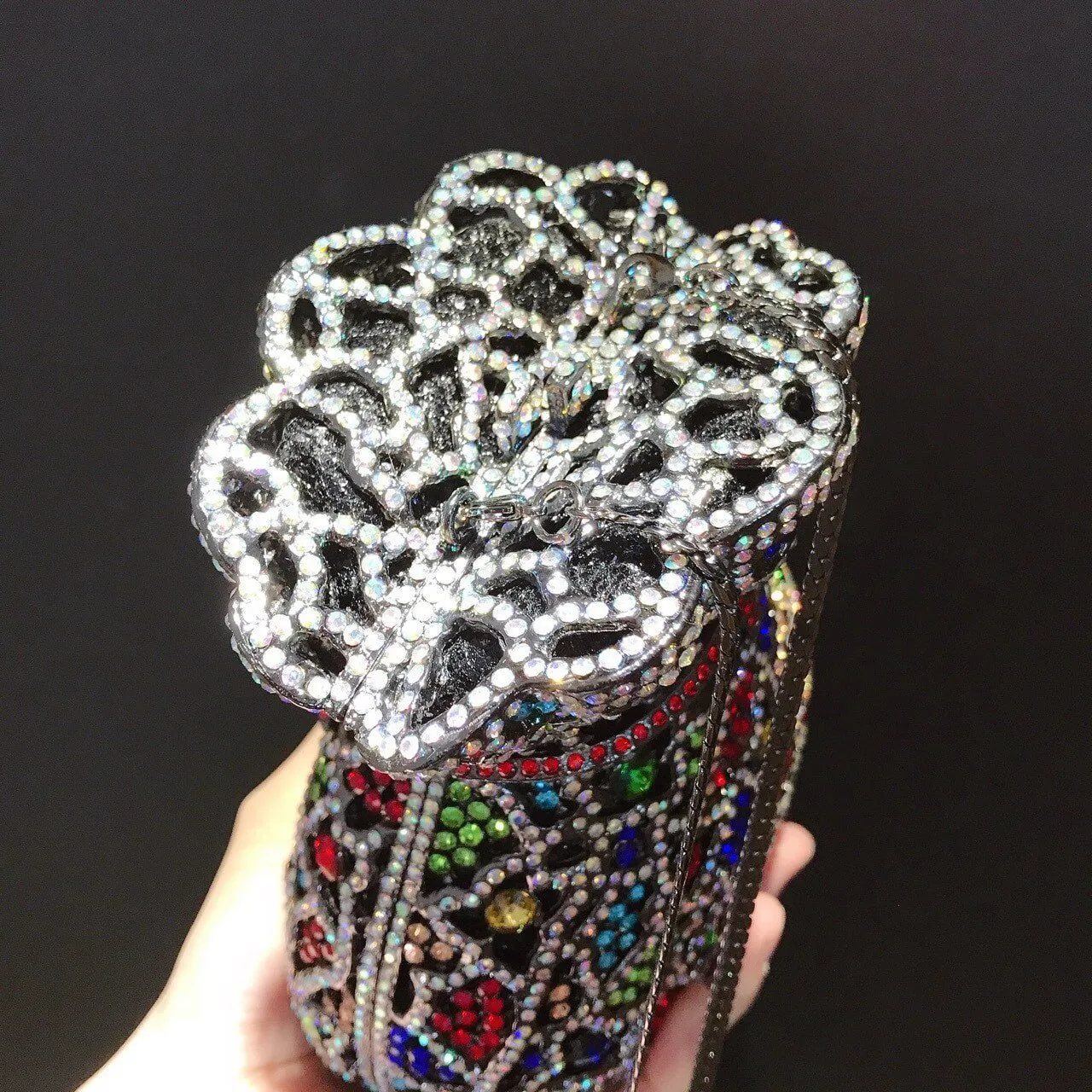 Multicolor Bundle Mouth Shape Purse Diamond Studded Clutch