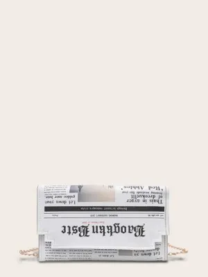 Newspaper Print Flap Chain Bag