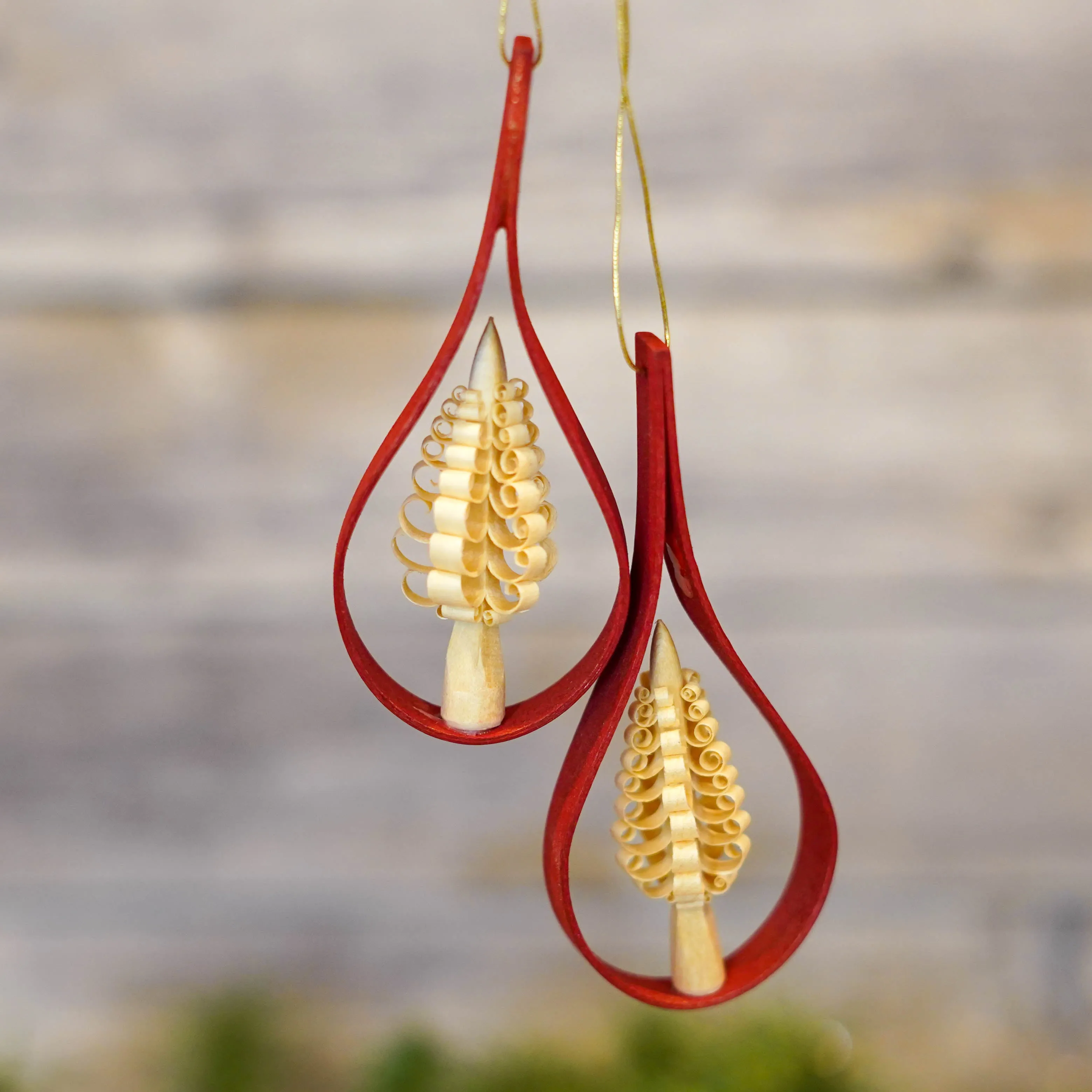 Ornament - Trees in Red Teardrop Shape, Set of 2