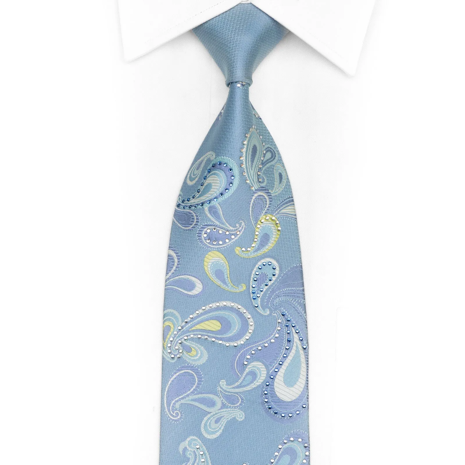 Paisley On Pale Blue Rhinestone Silk Necktie With Silver Sparkles