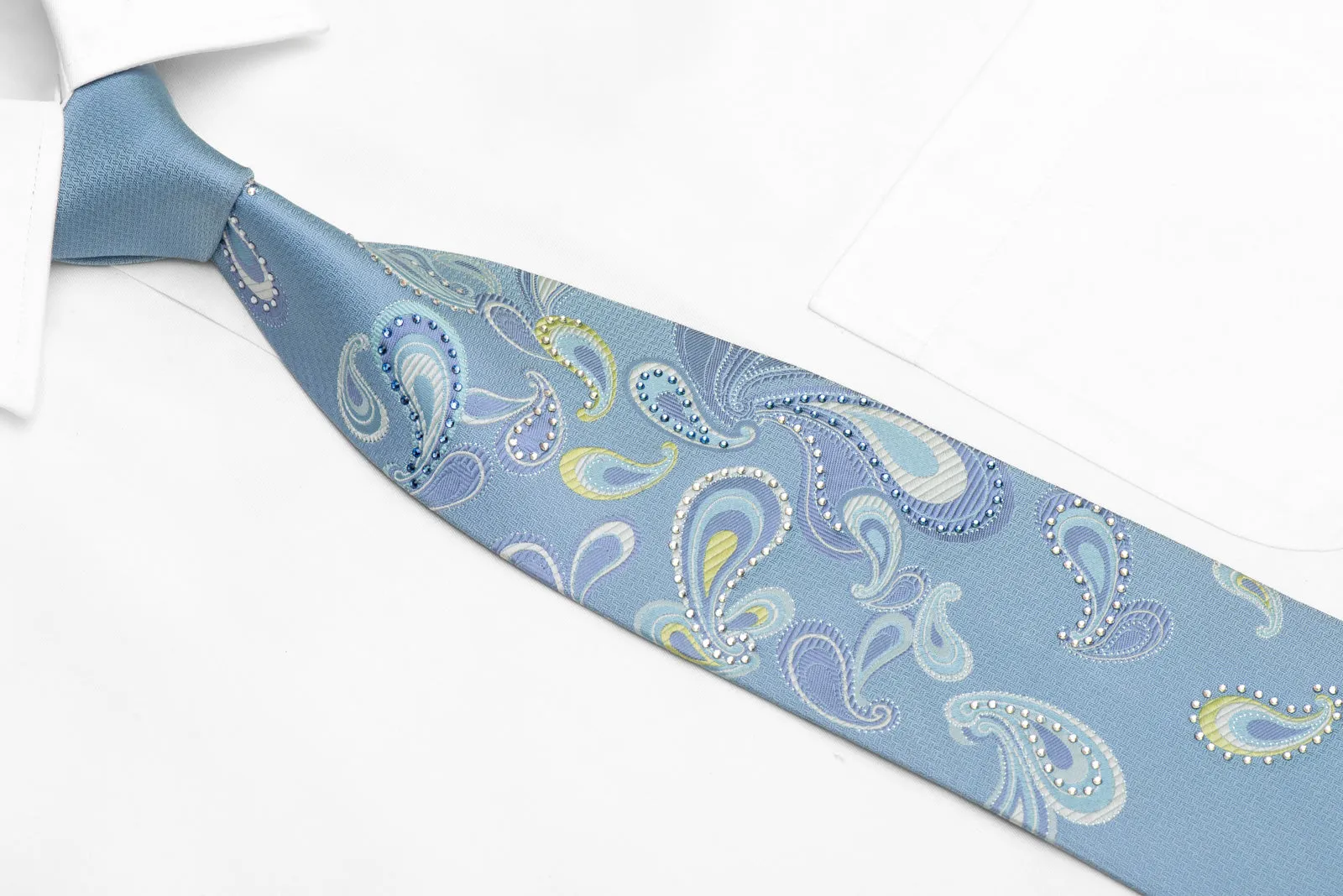 Paisley On Pale Blue Rhinestone Silk Necktie With Silver Sparkles