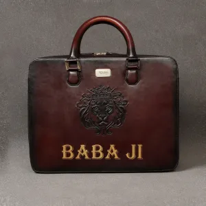 Personalized "BABA JI"Hand-Painted Initial Embossed Lion Dark Brown Leather Laptop Office Briefcase by Brune & Bareskin