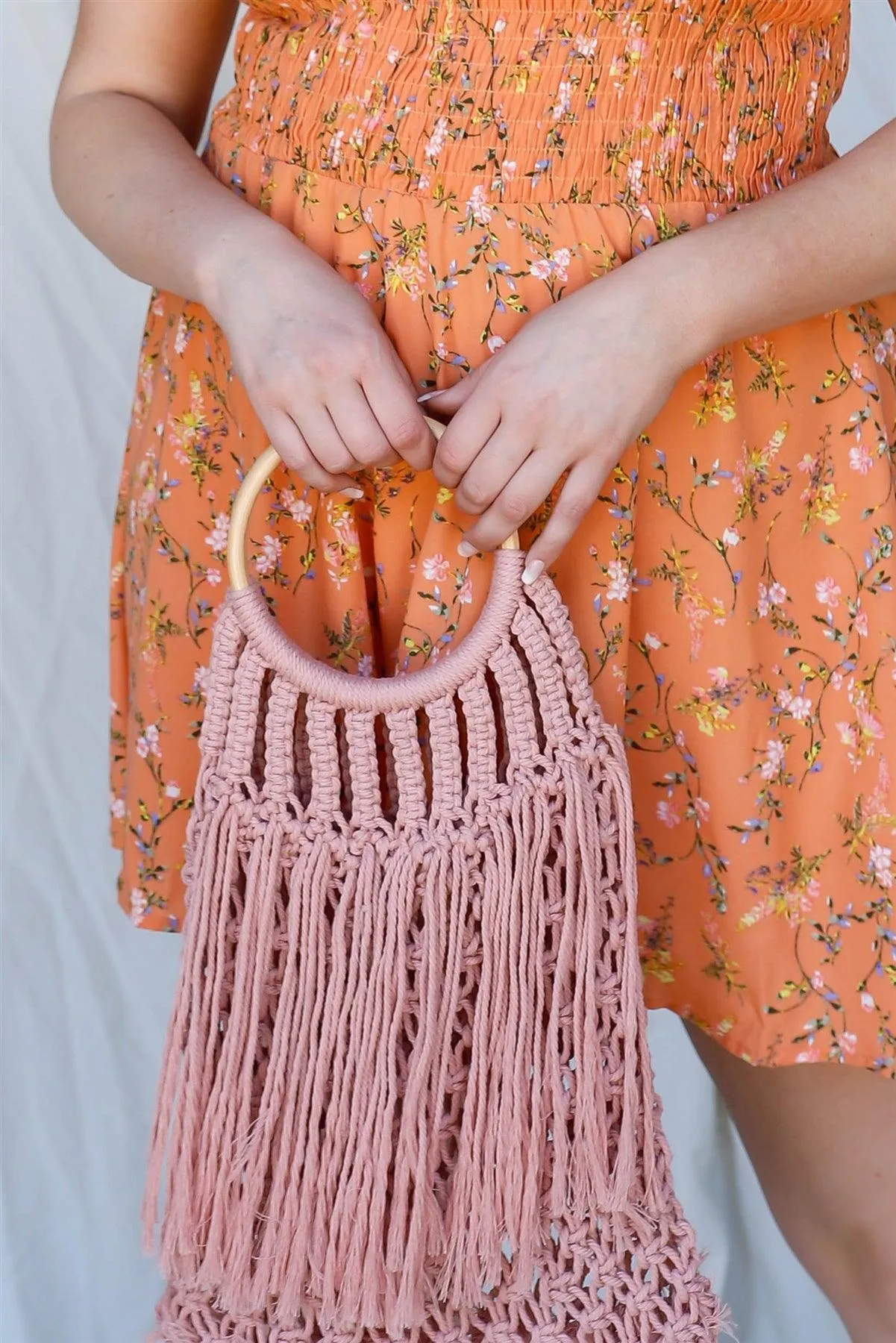 Pink Net Front Cable Fringe Wooden Handle Bag /3 Bags