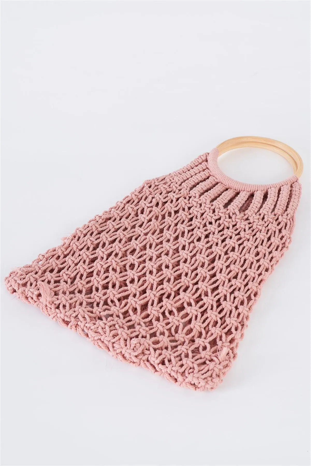 Pink Net Front Cable Fringe Wooden Handle Bag /3 Bags