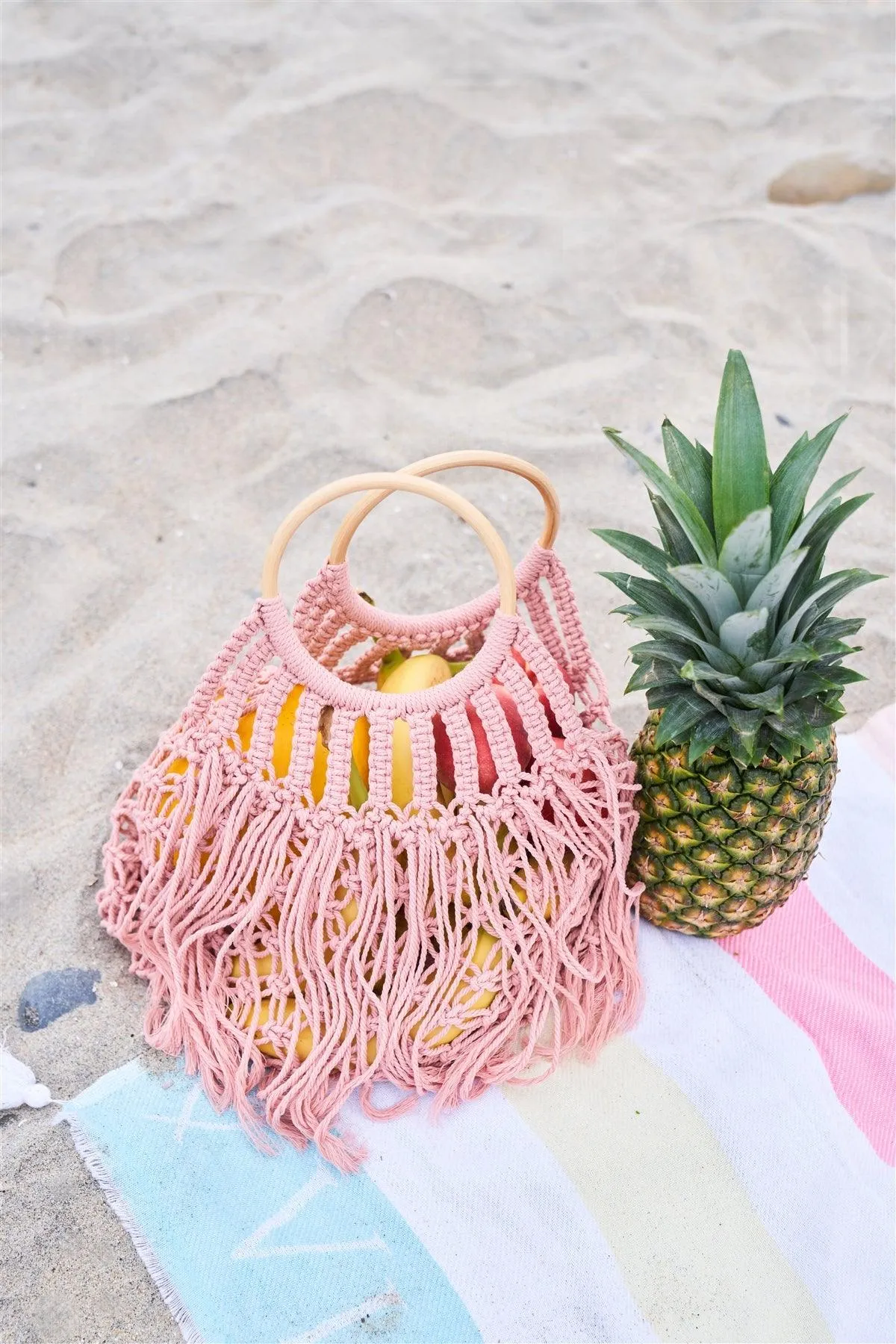 Pink Net Front Cable Fringe Wooden Handle Bag /3 Bags