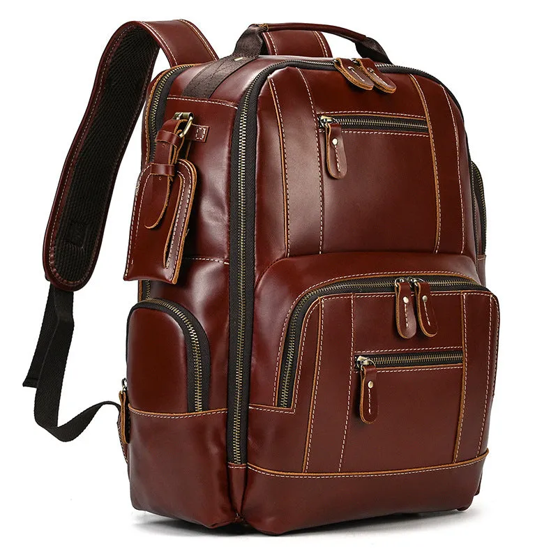 Popular Retro Men's Backpack Crazy Horse Leather Backpack Multi-Functional Cowhide Schoolbag Large Capacity Shiralee Travel Bag