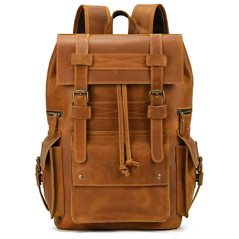 Popular Retro Men's Backpack Crazy Horse Leather Backpack Multi-Functional Cowhide Schoolbag Large Capacity Shiralee Travel Bag