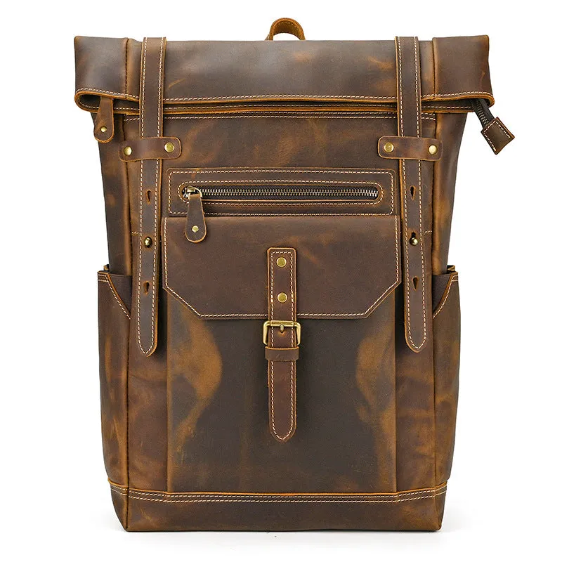 Popular Retro Men's Backpack Crazy Horse Leather Backpack Multi-Functional Cowhide Schoolbag Large Capacity Shiralee Travel Bag