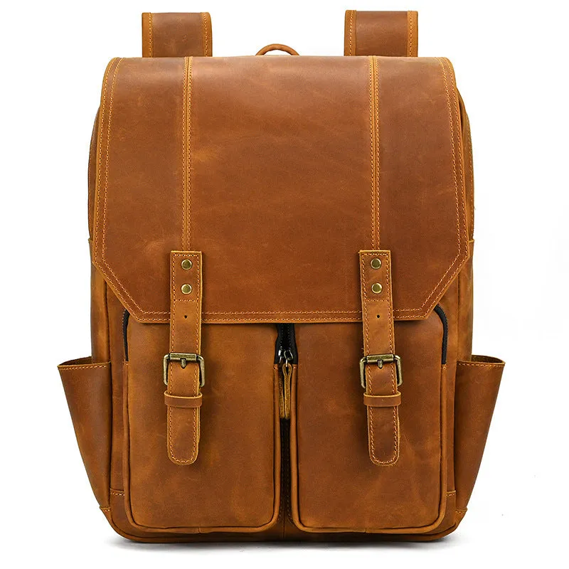 Popular Retro Men's Backpack Crazy Horse Leather Backpack Multi-Functional Cowhide Schoolbag Large Capacity Shiralee Travel Bag