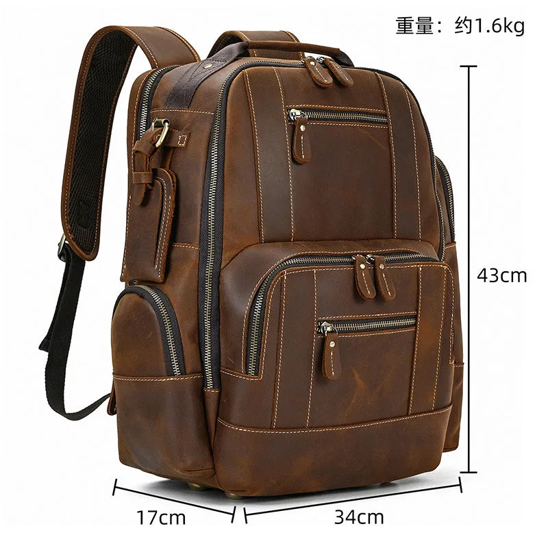 Popular Retro Men's Backpack Crazy Horse Leather Backpack Multi-Functional Cowhide Schoolbag Large Capacity Shiralee Travel Bag