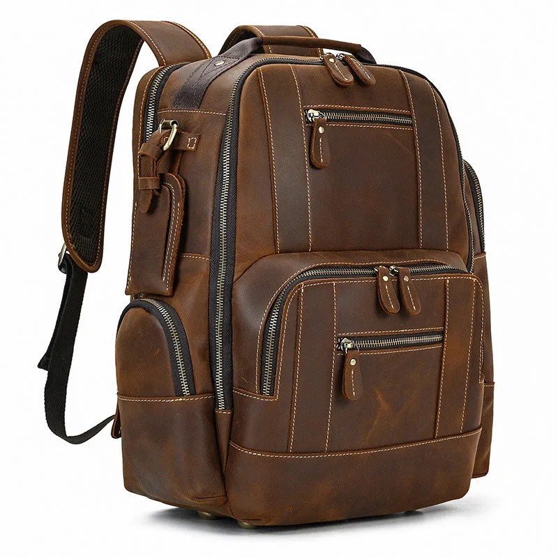 Popular Retro Men's Backpack Crazy Horse Leather Backpack Multi-Functional Cowhide Schoolbag Large Capacity Shiralee Travel Bag